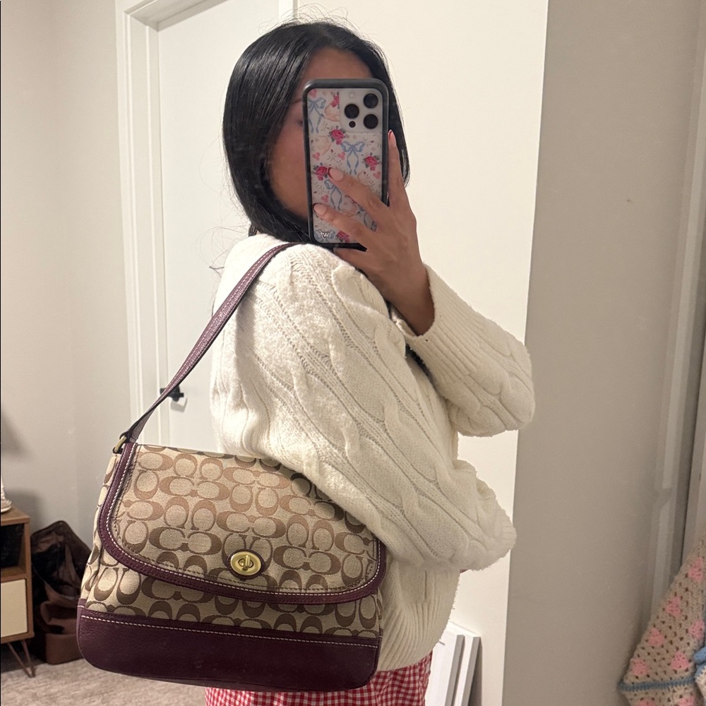 Coach Burgundy and Tan Signature Shoulder Bag - Picture 6 of 6